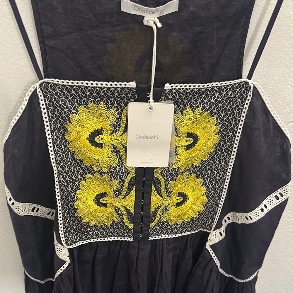OndadeMar Black Dress with Yellow Floral Embroidery